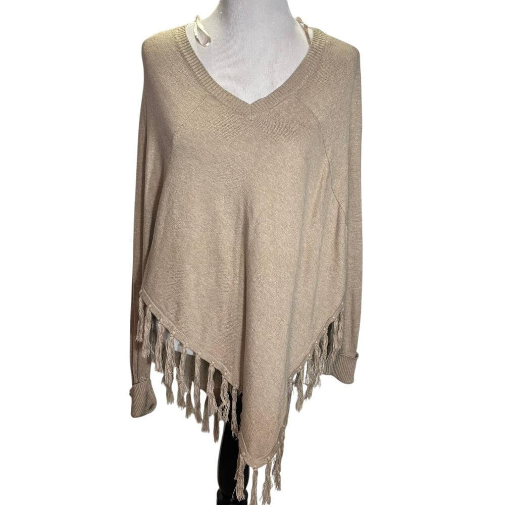 Double Zero Beige Fringe Sweater Women’s Small Boho Asymmetrical Knit Top